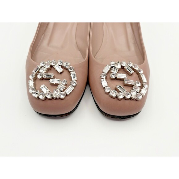 Gucci Nappa Crystal Interlocking G Low Heel Pumps Pink/Nude Leather Sz EU 35.5 - Picture 6 of 15
